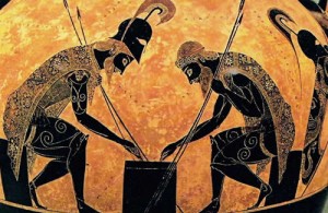 Exekias, Anfora a figure nere. Particolare di Achille e Aiace che giocano a dadi (545-530 a.C)