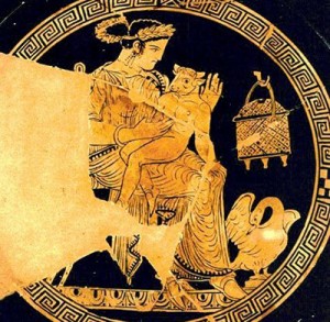 pasifae_minotauro Pasifae e il Minotauro. Kylix a figure rosse, 330 a.C.