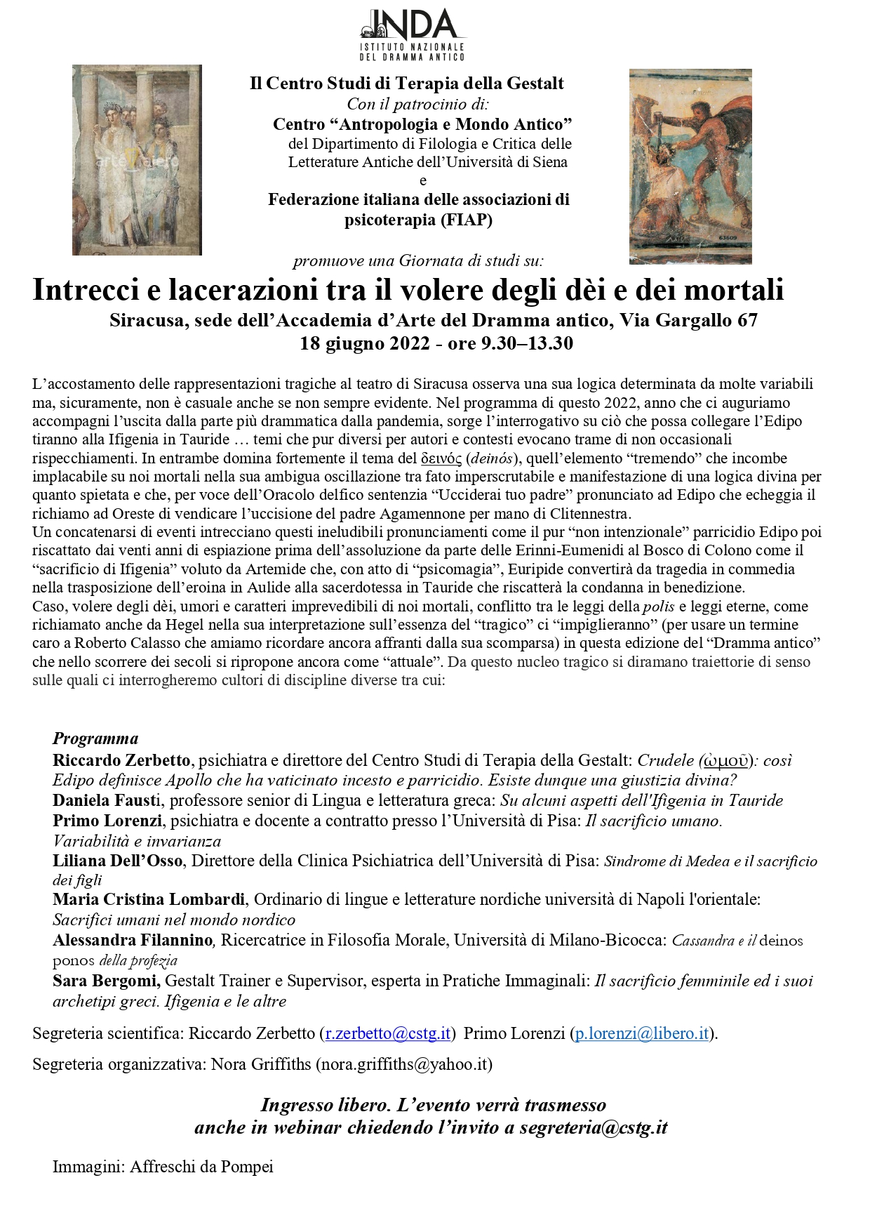 Intrecci e lacerazioni tra il volere degli dèi e dei mortali, il 18 giugno conferenza del Centro Studi di Terapia della Gestalt